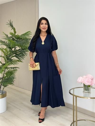 Keten Gold Broşlu Önden Yırtmaçlı Elbise Lacivert 