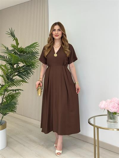 Keten Gold Broşlu Önden Yırtmaçlı Elbise Kahve