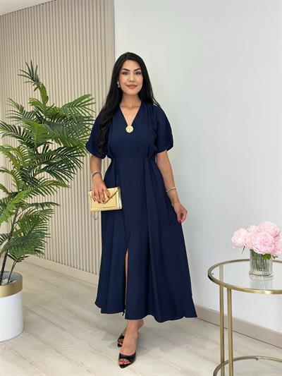 Keten Gold Broşlu Önden Yırtmaçlı Elbise Lacivert 