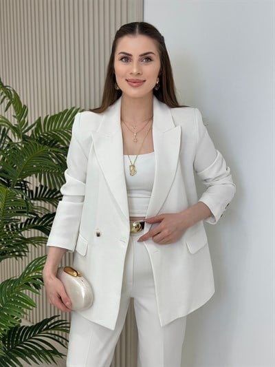 Keten İçi Astarlı Blazer Ceket Beyaz