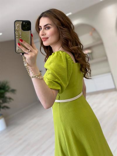 Keten Kare Yaka Kloş Gömlek Elbise Yağ Yeşil