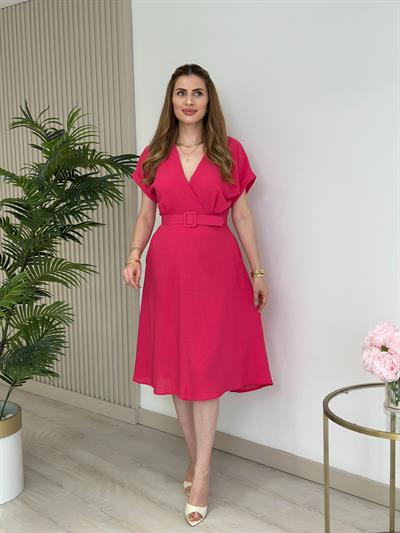 Keten Kemerli Yarasa Kol Elbise Fuşya