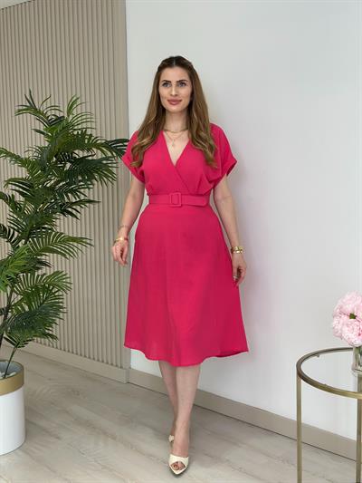 Keten Kemerli Yarasa Kol Elbise Fuşya