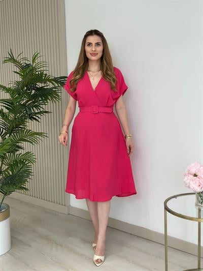 Keten Kemerli Yarasa Kol Elbise Fuşya