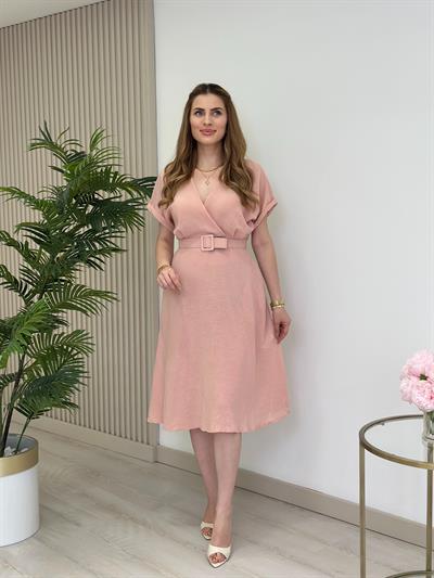 Keten Kemerli Yarasa Kol Elbise Pudra