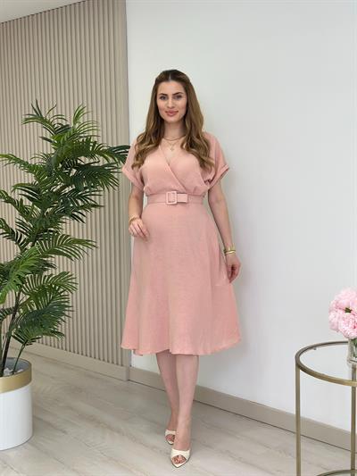 Keten Kemerli Yarasa Kol Elbise Pudra