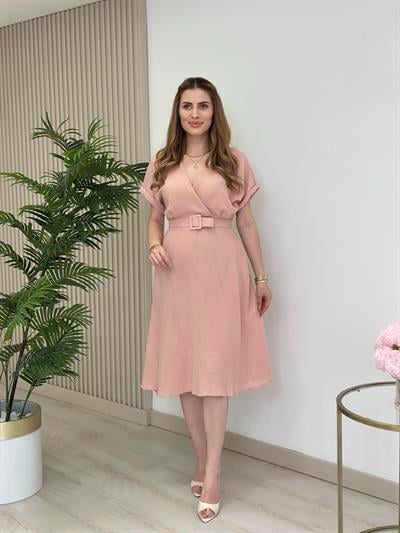 Keten Kemerli Yarasa Kol Elbise Pudra