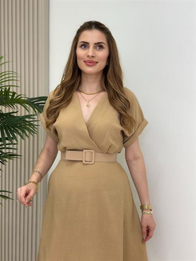 Keten Kemerli Yarasa Kol Elbise Toprak