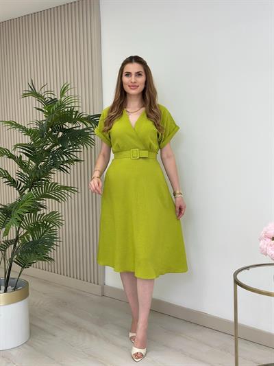 Keten Kemerli Yarasa Kol Elbise Yağ Yeşili