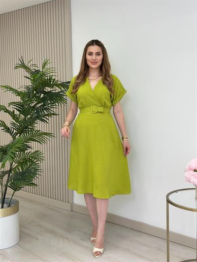 Keten Kemerli Yarasa Kol Elbise Yağ Yeşili