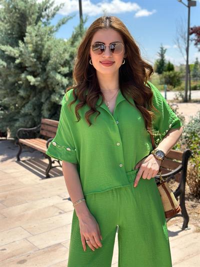 Keten Kolları Deniz Kabuğu Detaylı Takım Yeşil