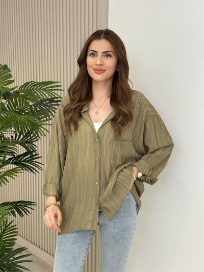 Keten Salaş Yıkamalı Gömlek Haki