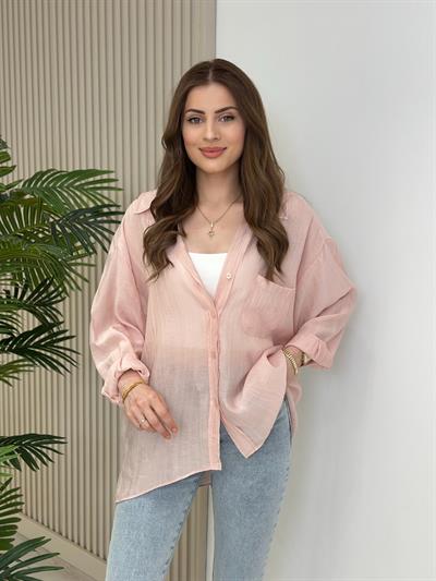 Keten Salaş Yıkamalı Gömlek Pembe