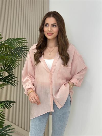 Keten Salaş Yıkamalı Gömlek Pembe
