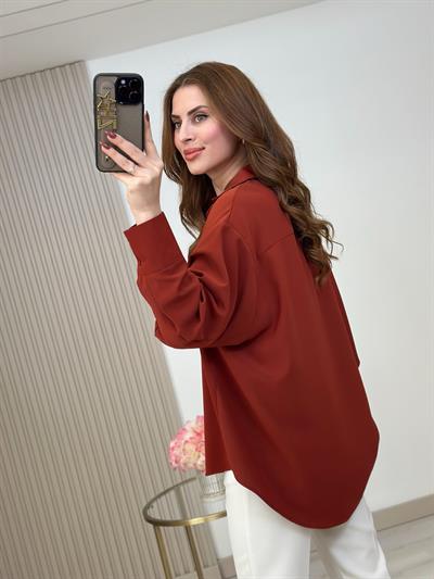 Oversıze İpek Krep Gömlek Kiremit