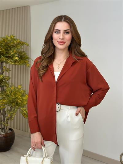 Oversıze İpek Krep Gömlek Kiremit
