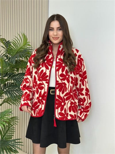 Kırmızı Çiçek Desenli Polar Sweatshirt