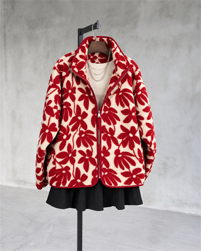 Kırmızı Çiçek Desenli Polar Sweatshirt