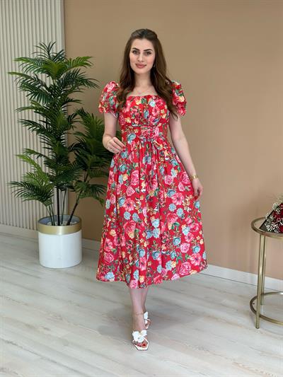 Kırmızı Çiçekli Beli Bağlamalı Fransız Model Elbise