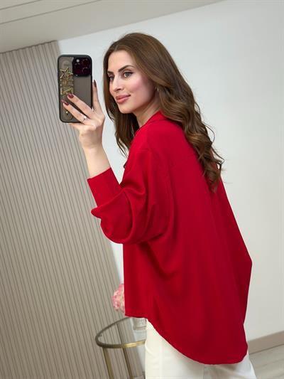 Oversıze İpek Krep Gömlek Kırmızı