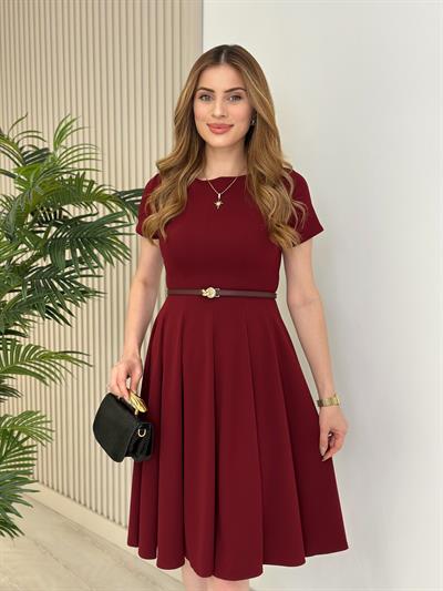 Kısa Kol Midi Boy Kloş Elbise Bordo