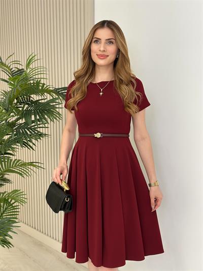 Kısa Kol Midi Boy Kloş Elbise Bordo