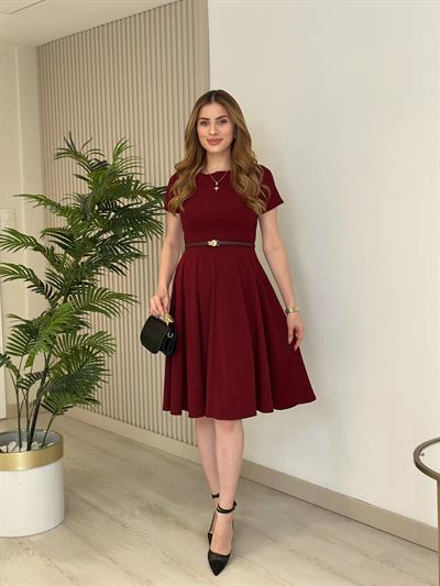 Kısa Kol Midi Boy Kloş Elbise Bordo