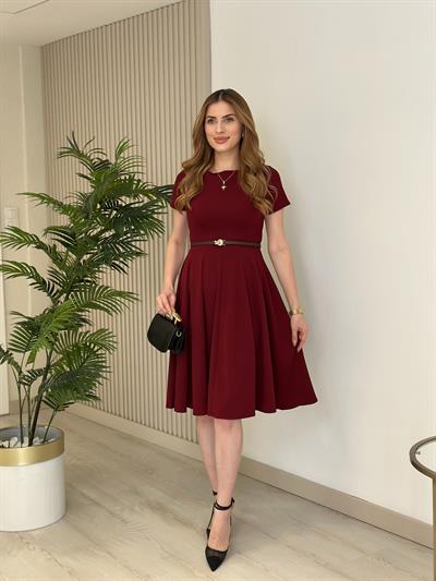 Kısa Kol Midi Boy Kloş Elbise Bordo