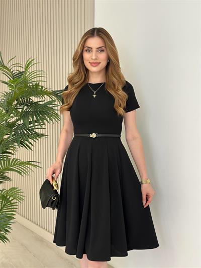 Kısa Kol Midi Boy Kloş Elbise Siyah