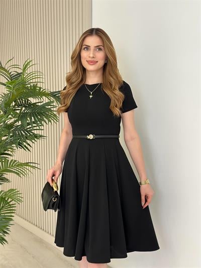 Kısa Kol Midi Boy Kloş Elbise Siyah