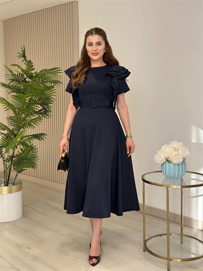 Kısa Kol Omuzları Fırfır Detaylı Atlas Kumaş Elbise Lacivert