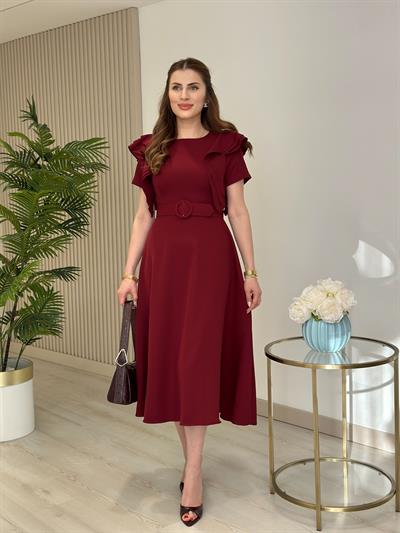 Kısa Kol Omuzları Fırfır Detaylı Atlas Kumaş Elbise Bordo