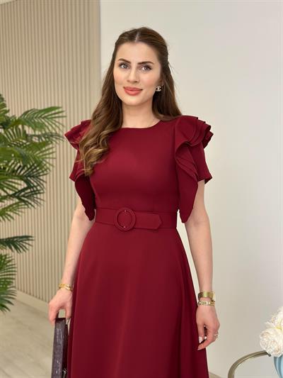 Kısa Kol Omuzları Fırfır Detaylı Atlas Kumaş Elbise Bordo