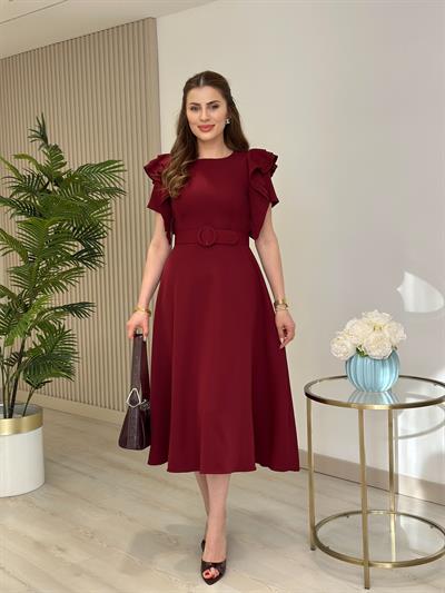 Kısa Kol Omuzları Fırfır Detaylı Atlas Kumaş Elbise Bordo