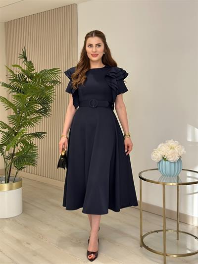 Kısa Kol Omuzları Fırfır Detaylı Atlas Kumaş Elbise Lacivert