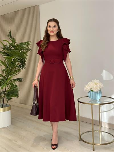 Kısa Kol Omuzları Fırfır Detaylı Atlas Kumaş Elbise Bordo
