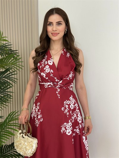 Kloş Beli Kuşaklı Çiçek Desenli Elbise Bordo