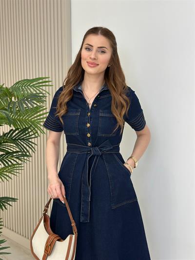 Kloş Beli Kuşaklı Likralı Jean Elbise 