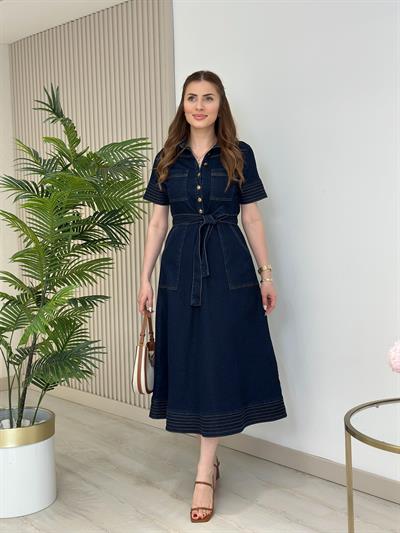 Kloş Beli Kuşaklı Likralı Jean Elbise 