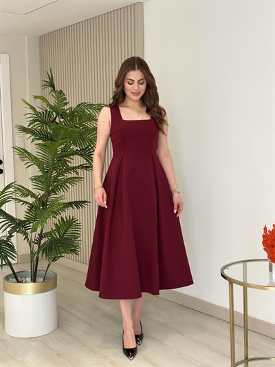 Kloş Kalın Askılı Tok Kumaş Elbise Bordo