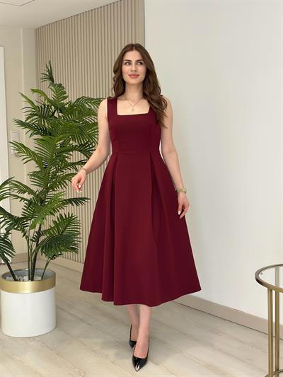 Kloş Kalın Askılı Tok Kumaş Elbise Bordo