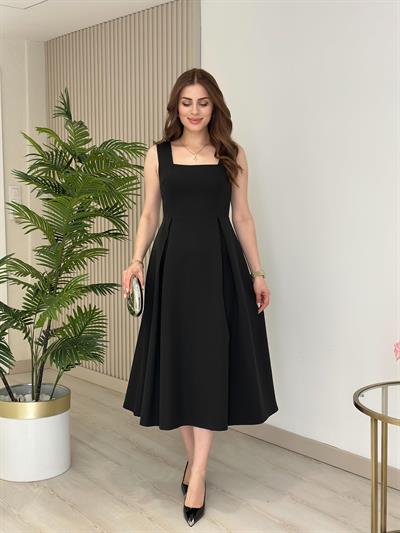 Prenses Model Kare Yaka Atlas Kumaş Elbise Siyah
