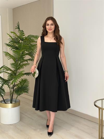 Kloş Kalın Askılı Tok Kumaş Elbise Siyah