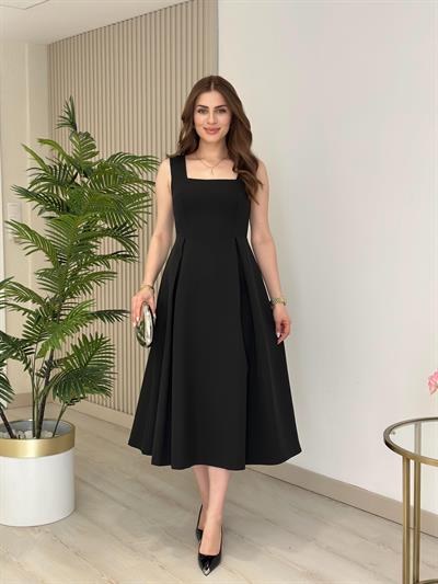Prenses Model Kare Yaka Atlas Kumaş Elbise Siyah