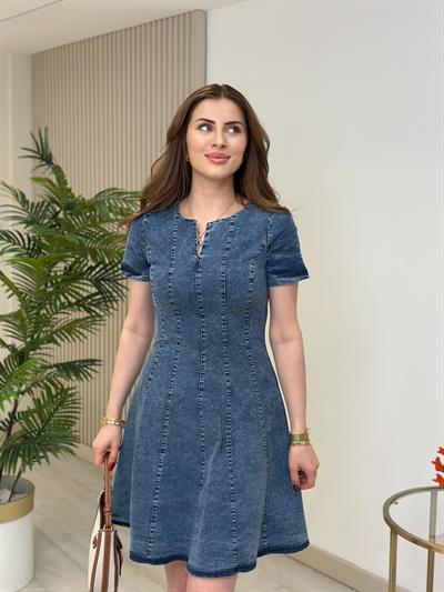 Kloş Likralı Kot Elbise Taşlanmış Mavi 