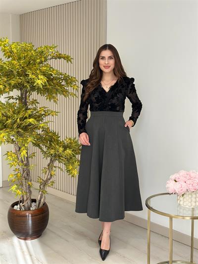 Kloş Yırtmaçlı Midi Boy Etek Antrasit