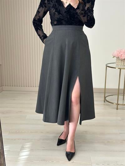 Kloş Yırtmaçlı Midi Boy Etek Antrasit