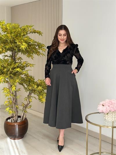 Kloş Yırtmaçlı Midi Boy Etek Antrasit