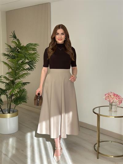 Kloş Yırtmaçlı Tok Dokulu Midi Boy Etek Taş