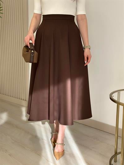 Kloş Yırtmaçlı Midi Boy Etek Kahve